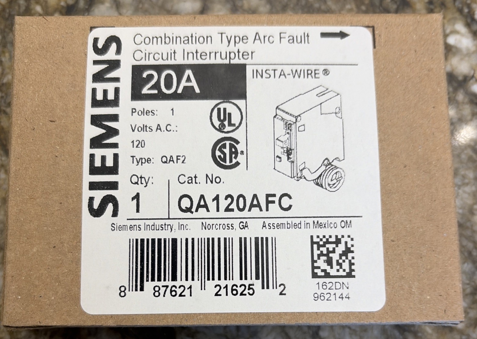 SIEMENS QA120AFC PLUG-ON COMBINATION AFCI CIRCUIT BREAKER, 20-AMP, 1-POLE, 120V