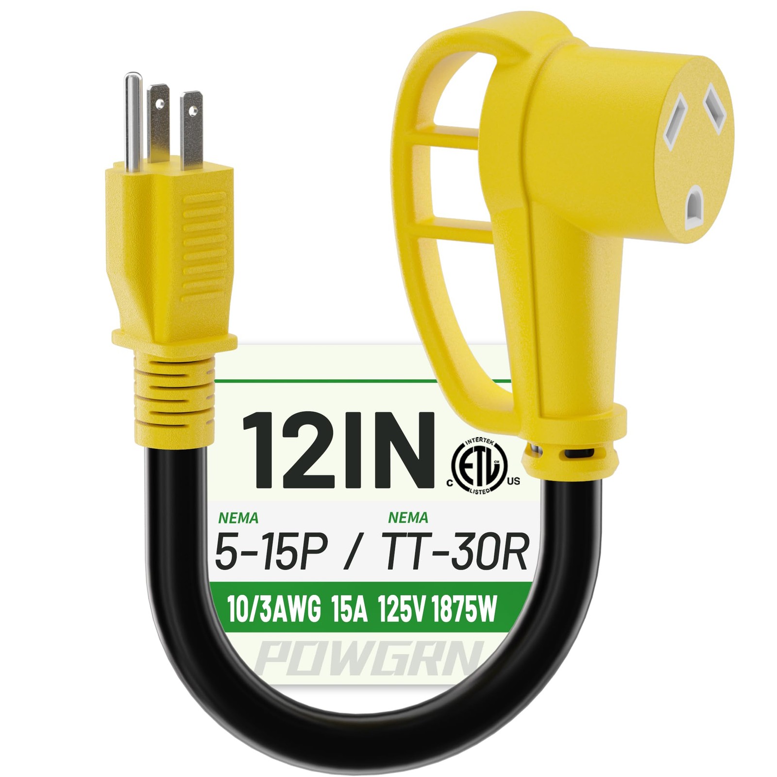RV 30A to 110V 15A Adapter 12in HeavyDuty 10/3 Gauge NEMA TT30R to 515P ETL