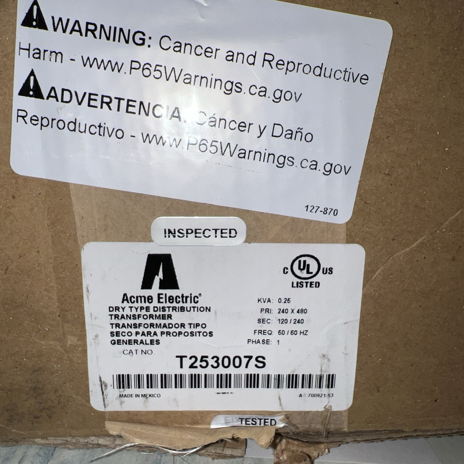 ACME Power Supply 4WUA2 T253007S primary 240-480V secondary 120/240 V NEW