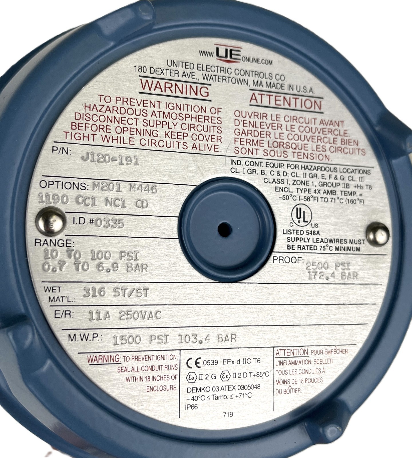 UNITED ELECTRIC, J120-191, 120 SERIES, EXPLOSION PROOF PRESSURE SWITCH, NIB, NEW