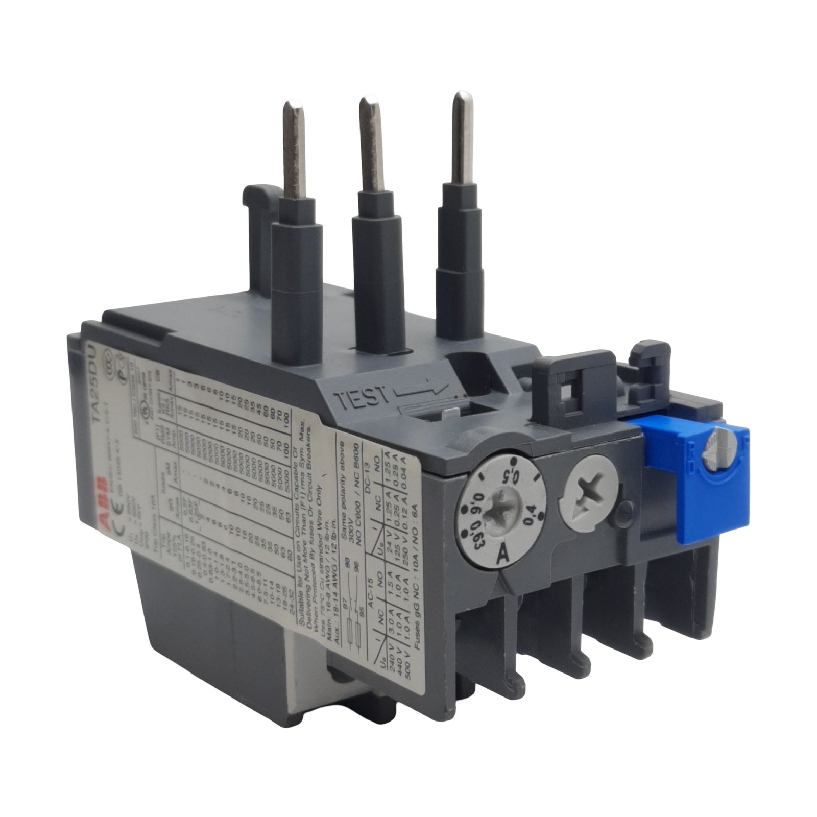 ABB TA25DU-0.63M Thermal Overload Relay, 3-Poles, 1N.C + 1N.O, 0.4-0.63A, 600VAC