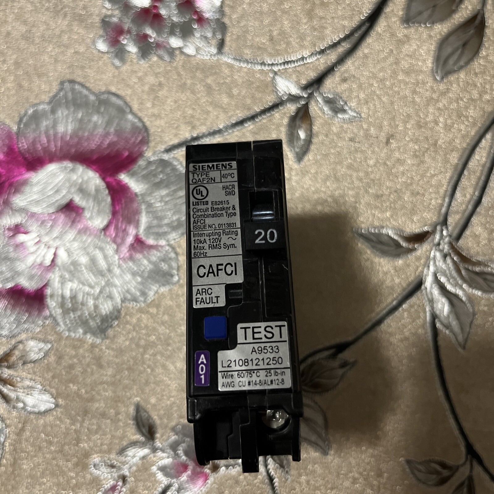 SIEMENS QA120AFCN 20 AMP Type QAF2N Arc Fault Circuit Breaker