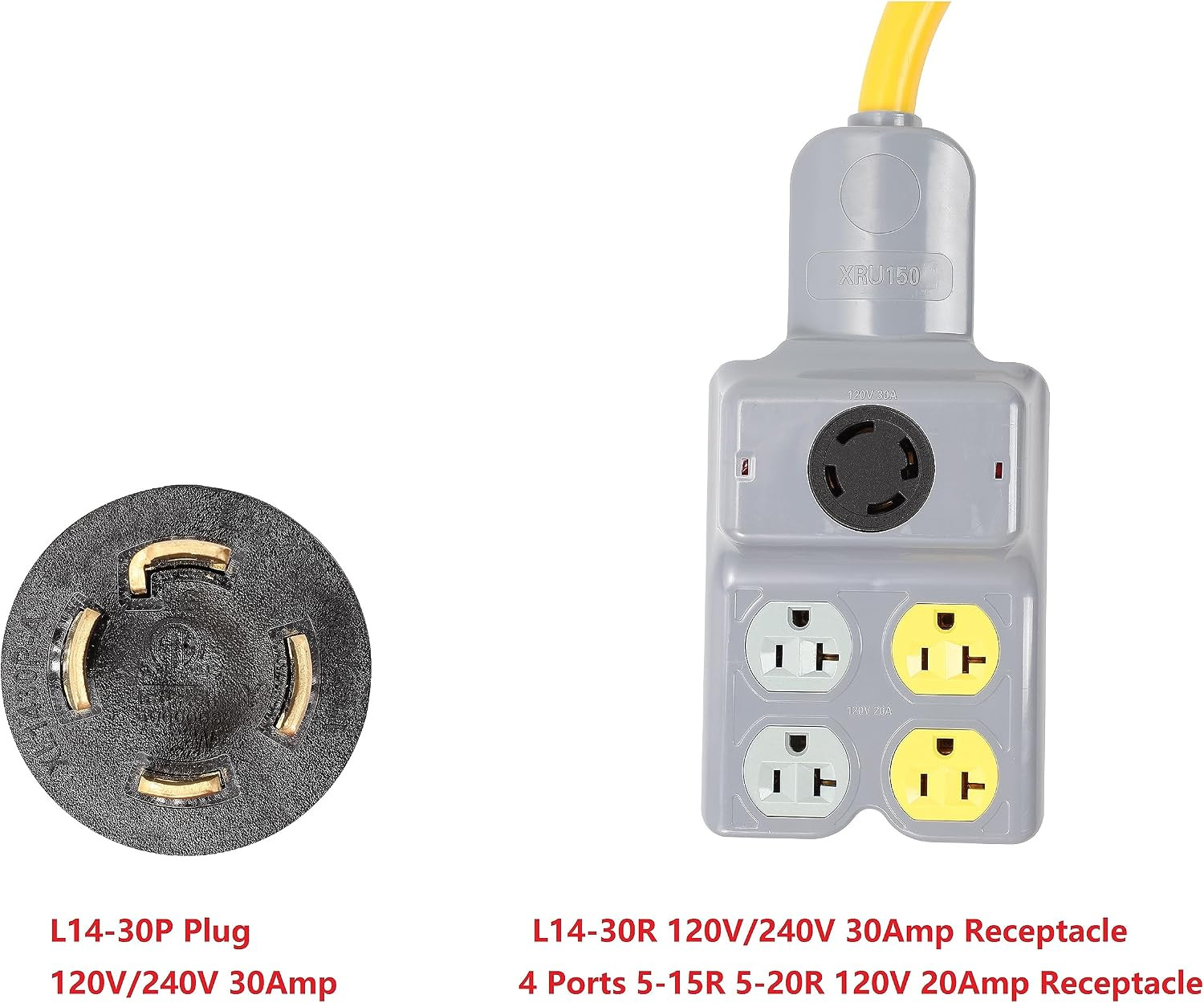 NEMA L14-30P to 4 Port 5-15R 5-20R L14-30R 1.5 Feet 5 Outlet 120/240V 30 Amp 4 P
