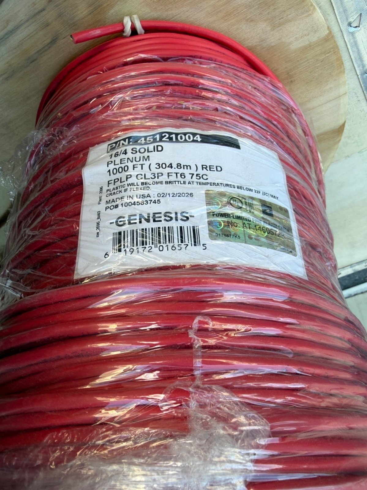 Honeywell GENESIS 45121004 16 AWG 4C 1000′ FT Solid Plenum Cable Reel, Red