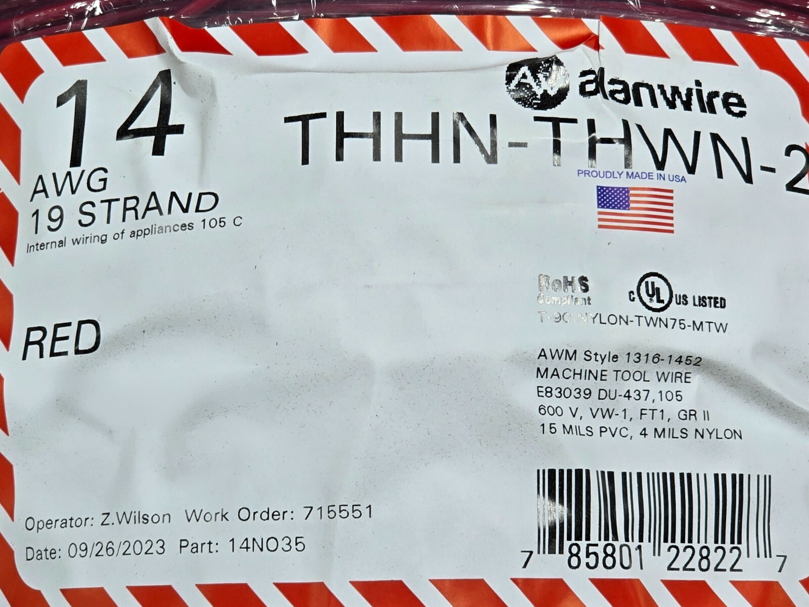 Alan #14awg 19 Stranded THHN/THWN-2/MTW Building Wire Red /100ft