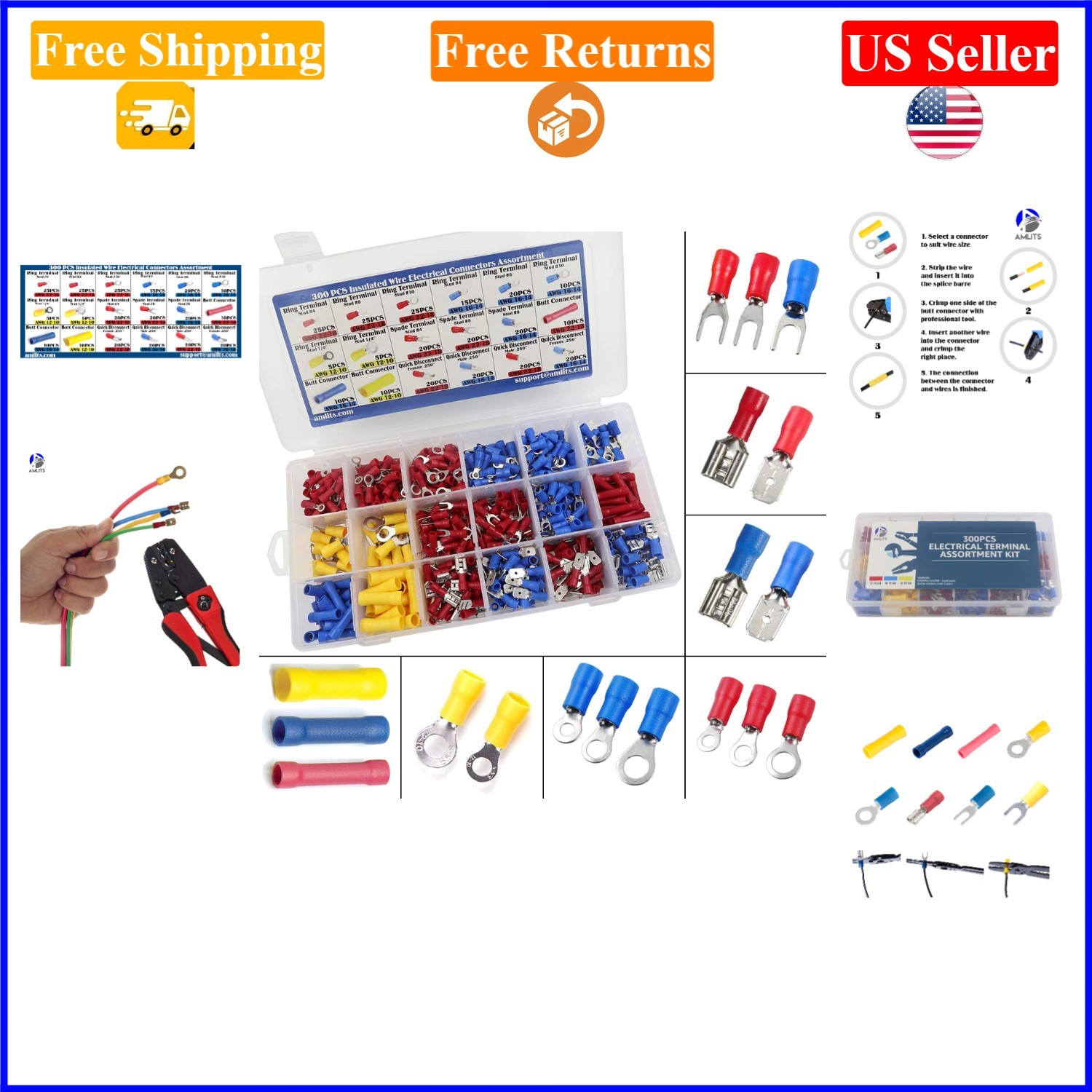 300 PCS Insulated Electrical Connectors Assortment Kit – Red, Blue, Yellow