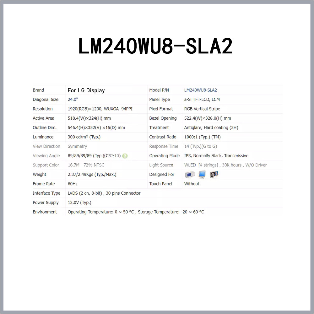 New industrial LCD Screen module 1920*1200 LM240WU8-SLA2 24-Inch for LG Display