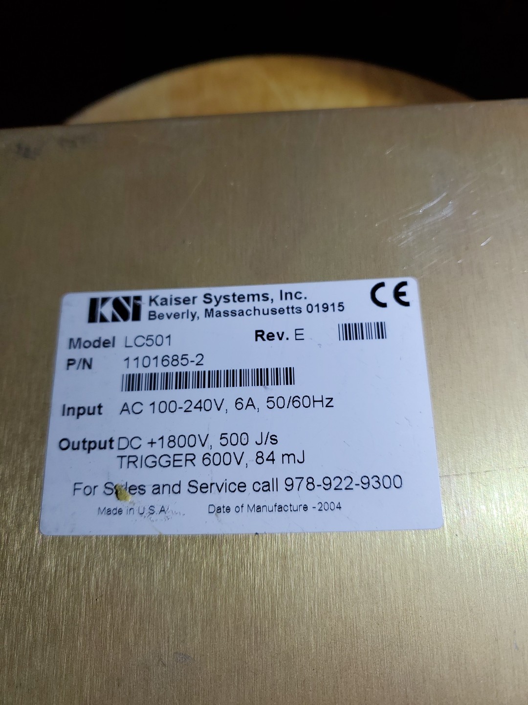KAISER SYSTEMS LC501 REV E. 1800 VDC 500 J/s Trigger 600v , 84mj