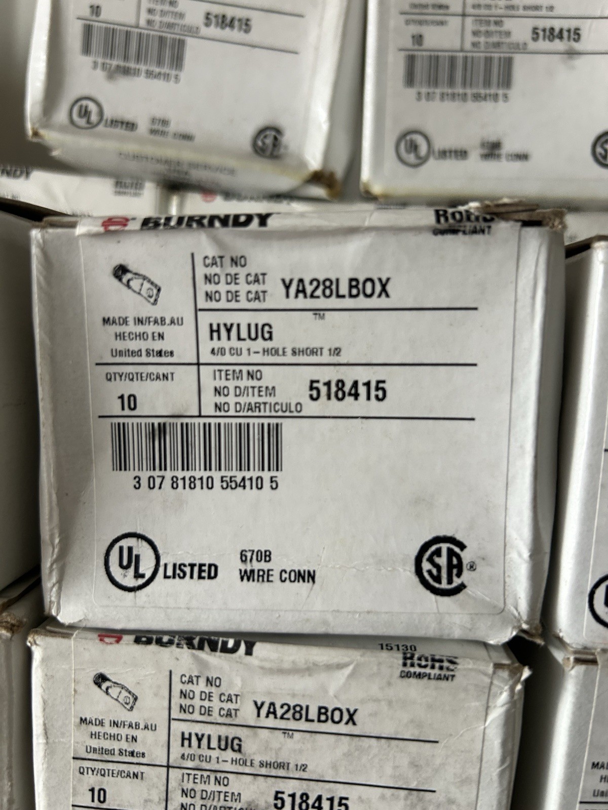 Burndy YA28LBOX 4/0 AWG CU, One Hole, 1/2 Stud Size, Standard Barrel