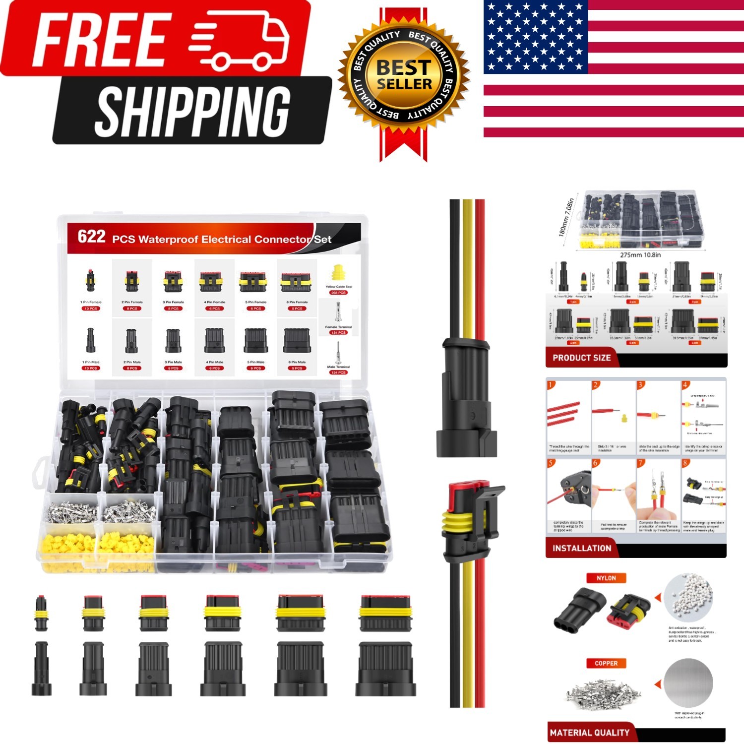 622PCS 1 2 3 4 5 6 Pin Electrical Connector ‎Plug Male Female Terminal Wire C…