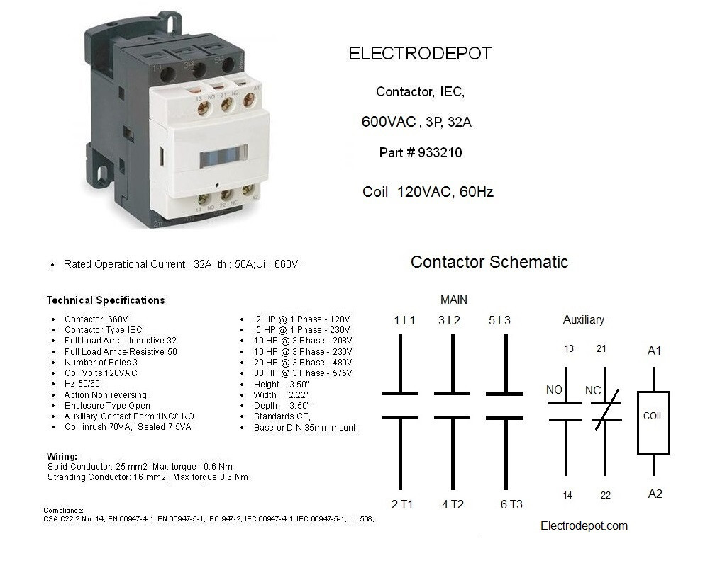 Lot 4 Contactor 3 Pole 50A N/O 110V 120V Coil, w NO/NC Aux, 600V 30Amp 40A, 32A