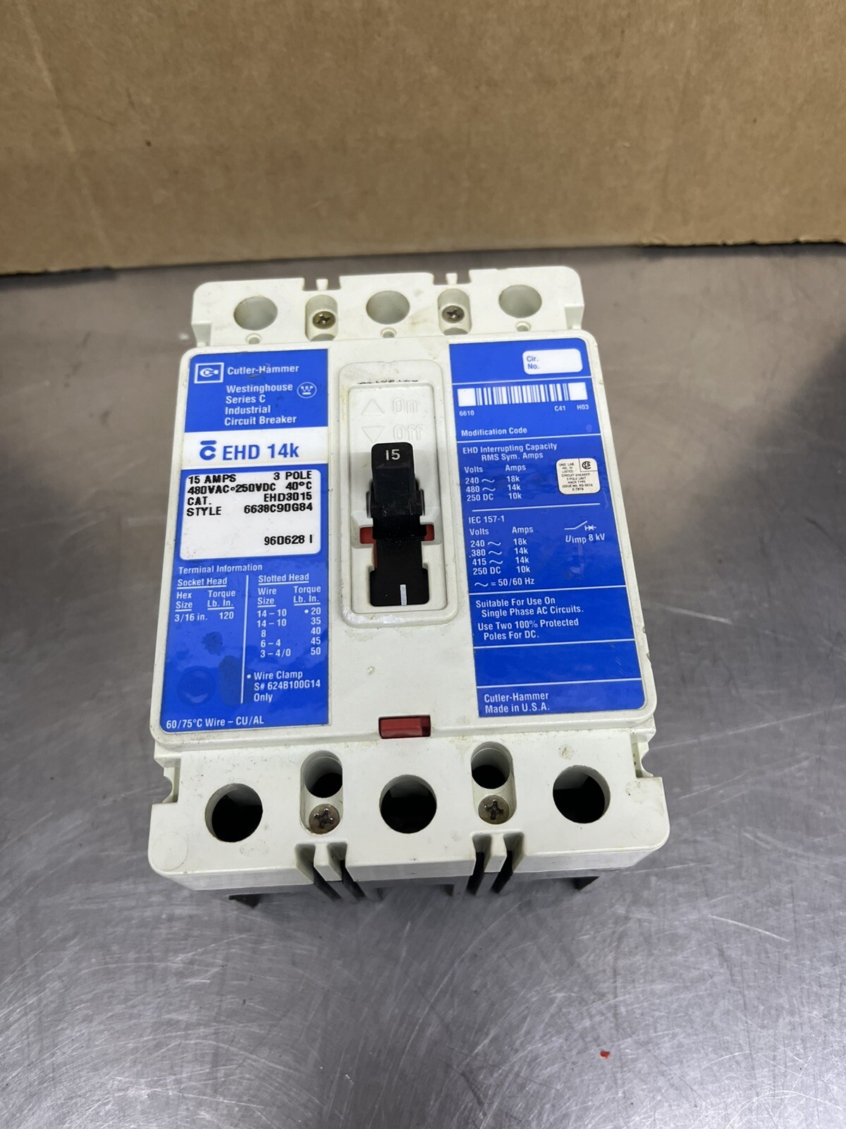 Cutler Hammer EHD3015 3 Pole Industrial Breaker 15 Amp 480V EHD 14K Made In USA