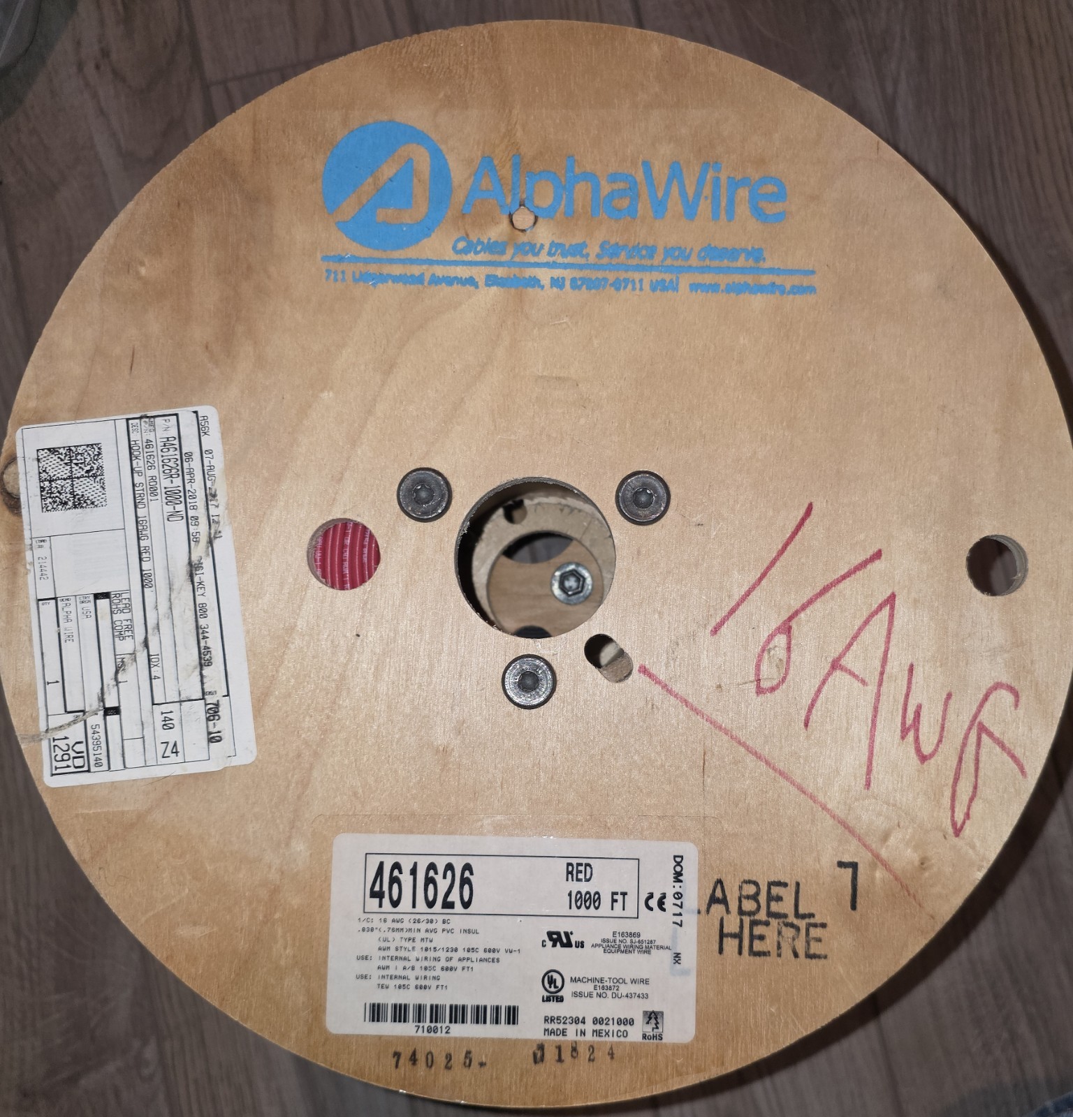 Alpha Wire 461626 16 AWG Red Wire 1000 Ft