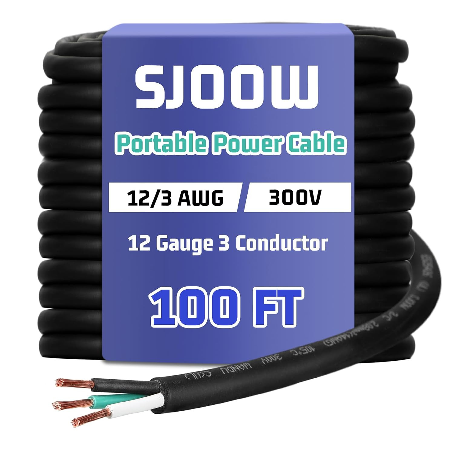 12/3 AWG 100 FT Portable Power Cable SJOOW 300V Electrical Wire Pure Copper Heav