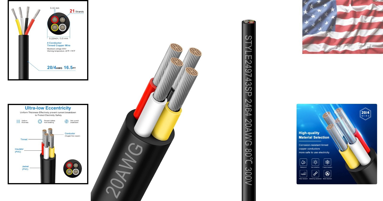 16.5FT 20AWG Electrical Wire – Durable Black PVC 4 Core Extension Cable
