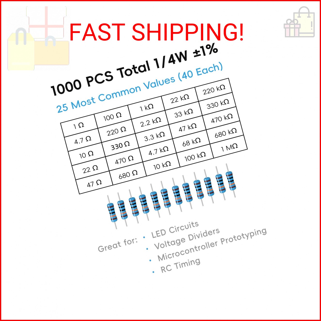 1000 PCS Resistor Kit 1/4 W +-1% Premium Metal Film Resistors Assortment Kit, 25