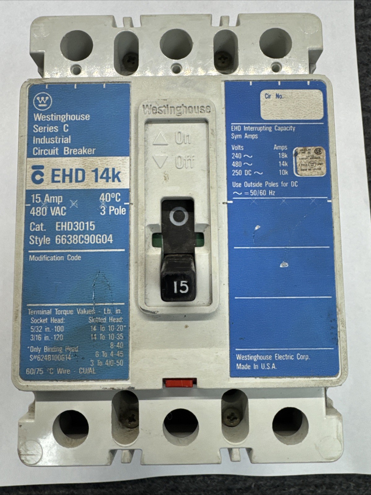 Westinghouse EHD3015 Breaker Series 15 Amp 3 Pole 480V EHD Cutler Hammer