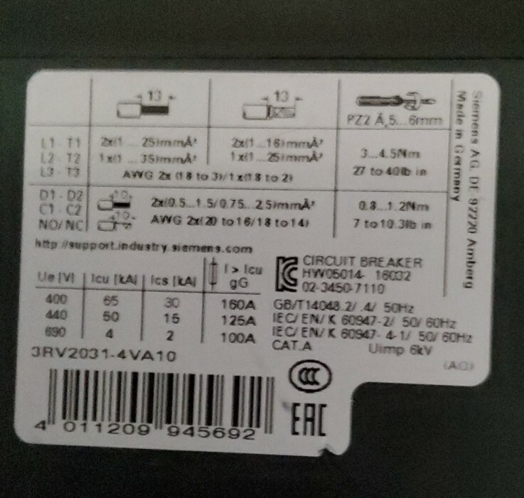 Siemen’s Sirius 3RV2031-4VA10 Motor Controller SIZE S2