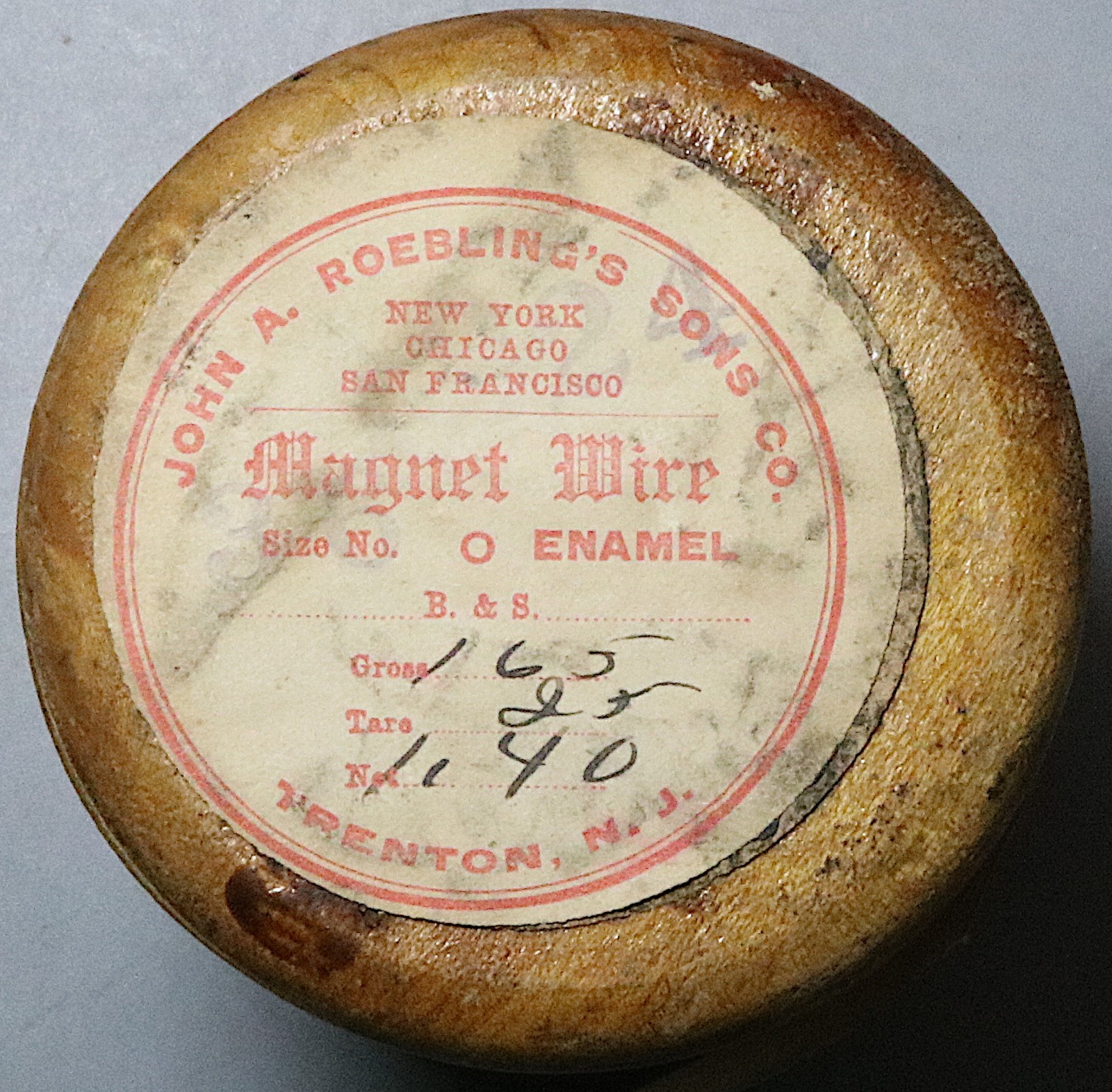1924 Vintage Roebling Copper Magnet Wire Wood Spool 1.4 Pounds (25100904R)