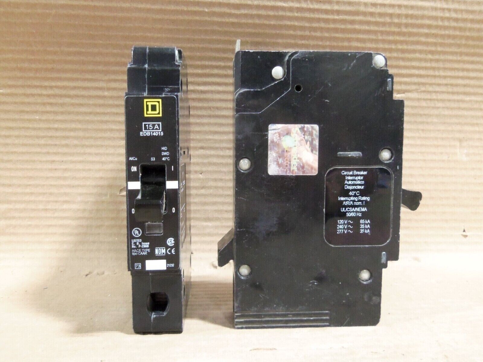 Square D EDB14015 1 Pole 15 Amp 277V Circuit Breaker Black Label