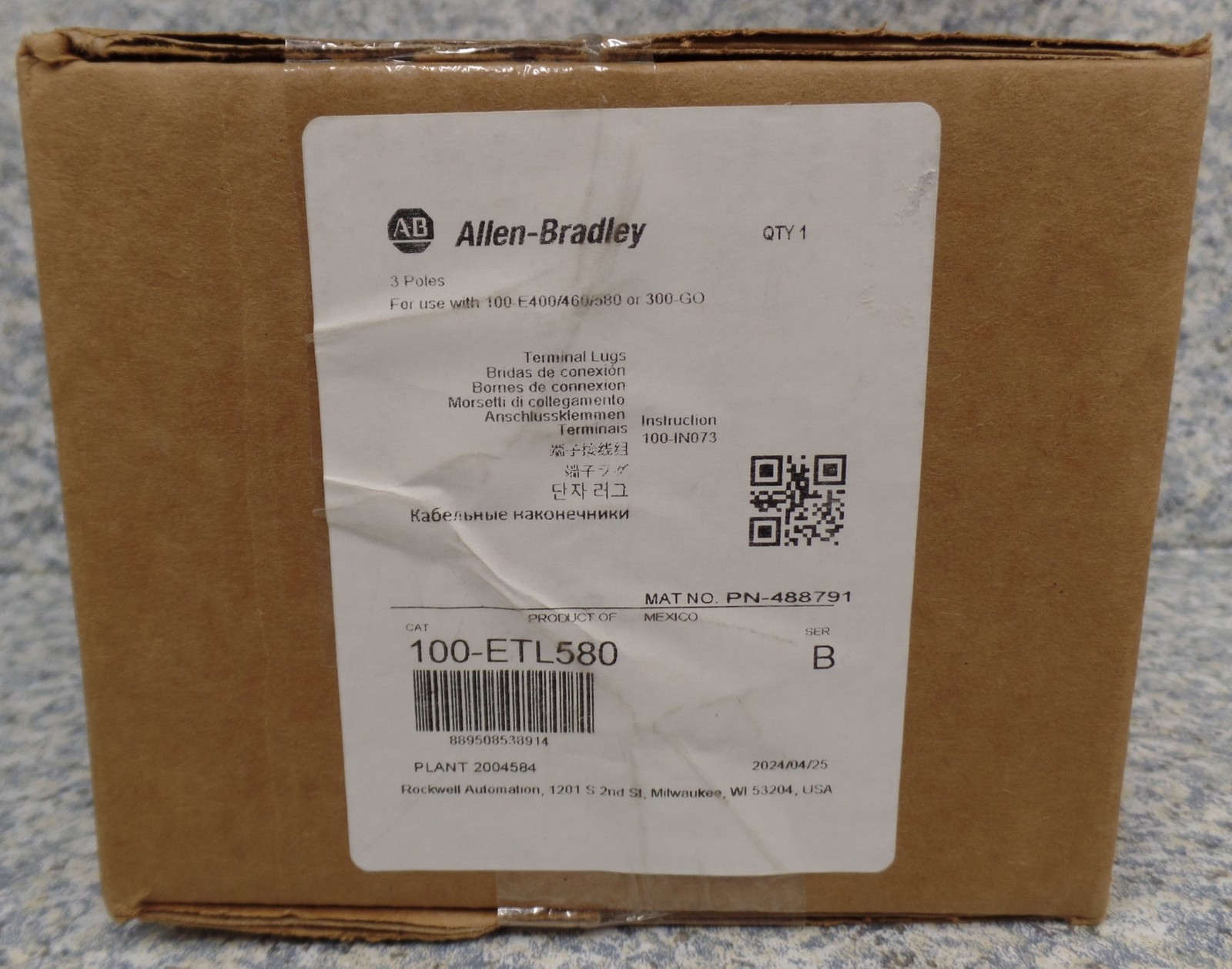 ALLEN BRADLEY 100-ETL580 Ser B Terminal Lugs for 100-E400 100-E465 100-E580
