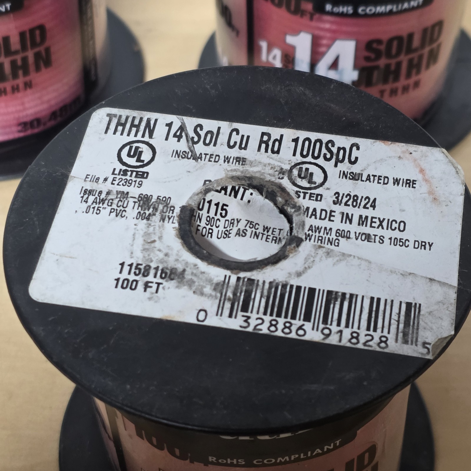 4 Pack, Southwire 100 Ft Red 14AWG THHN Solid Copper Insulated Wire 11581642
