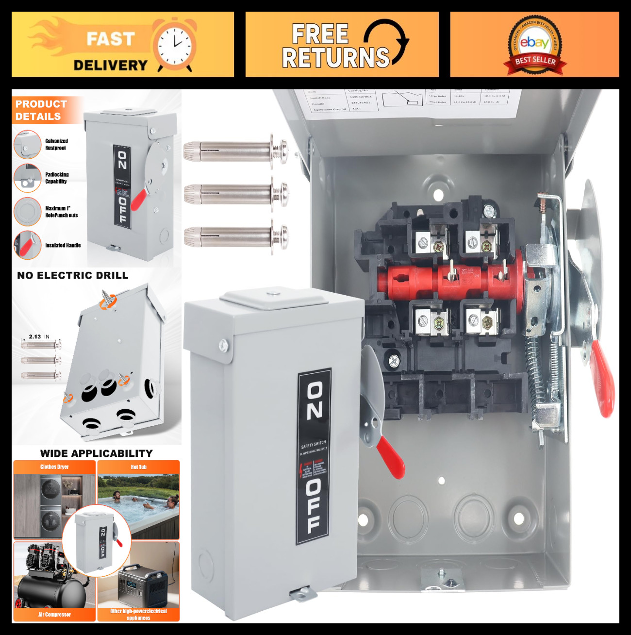 30 Amp 2 Pole Disconnect Switch – Indoor/Outdoor Safety, Galvanized Steel, NEMA