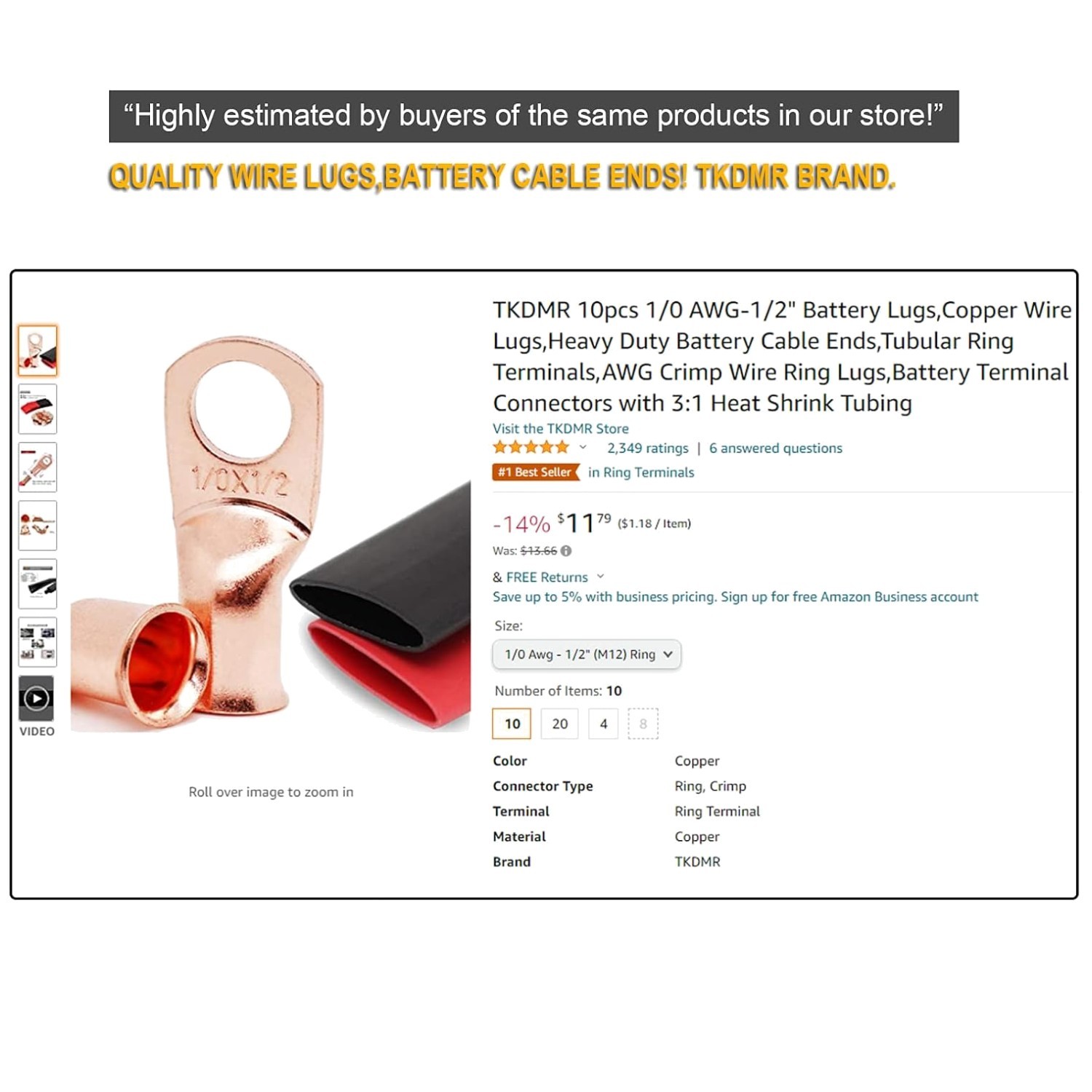 Heavy Duty Copper Wire Lugs with 4:1 Shrink Tubing – 10pcs
