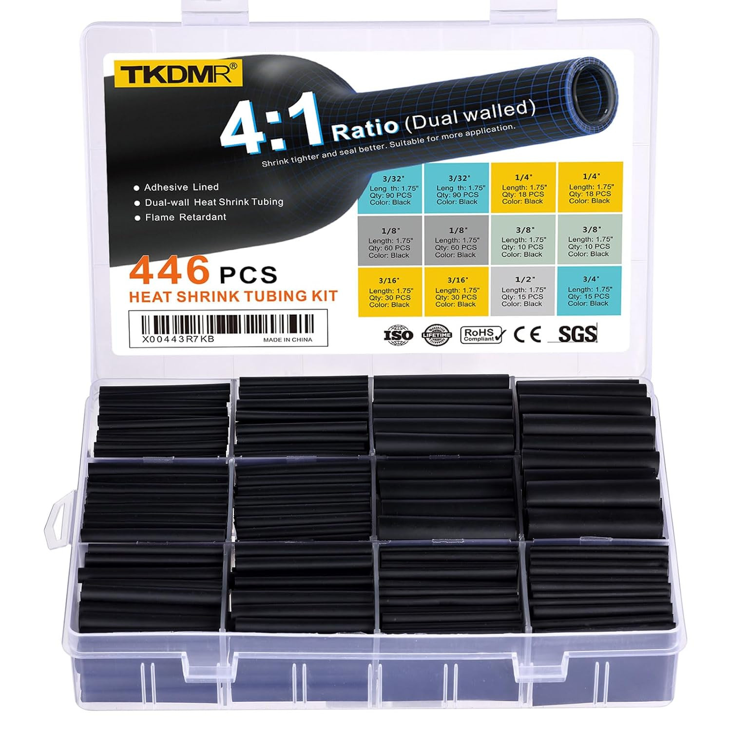 446 Pcs Heat Shrink Tubing Kit-4:1 Ratio Adhesive Lined Marine Grade Shrink Wrap