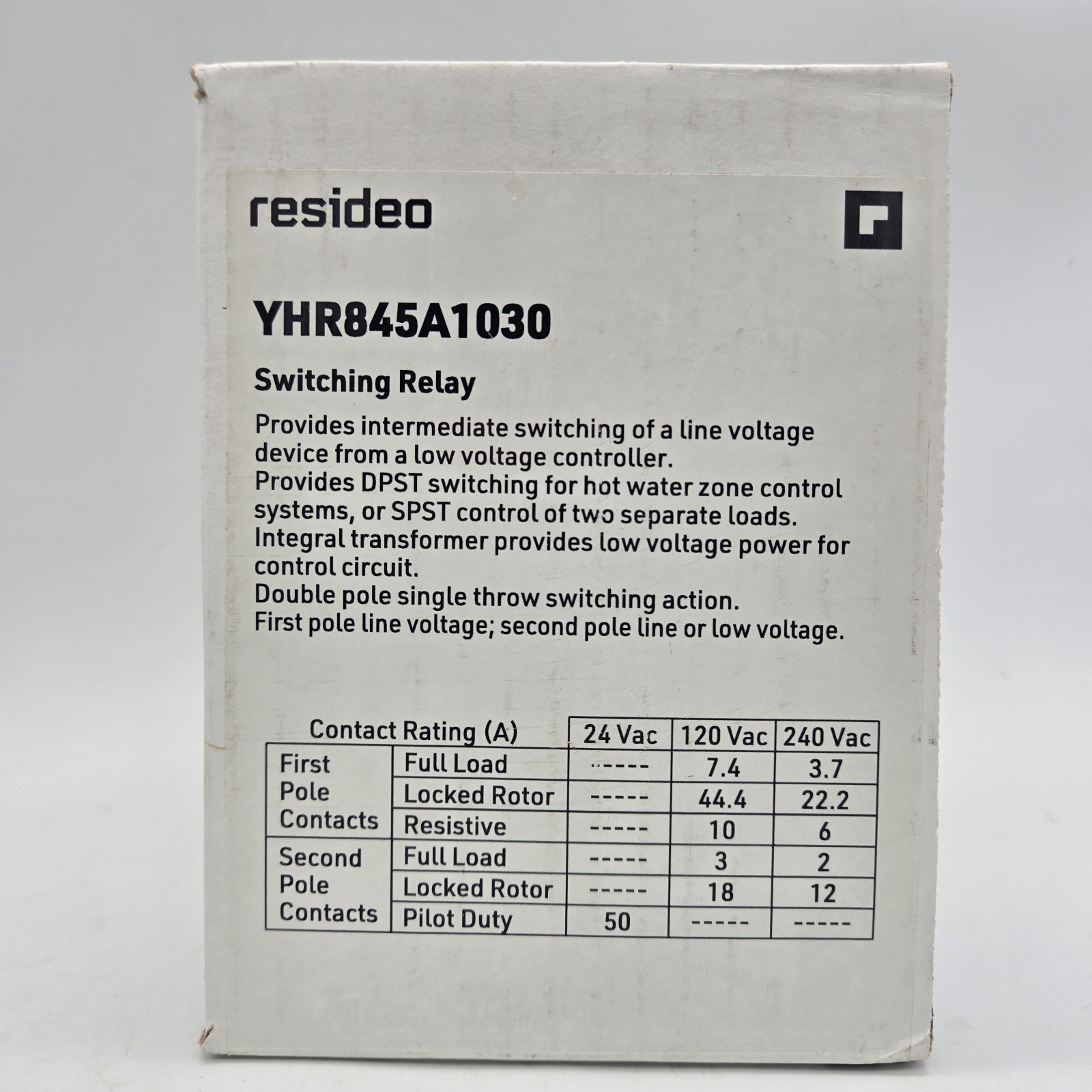 Resideo Switching Relay DPST & SPST, 120V, 50/60Hz, 2-wire, YHR845A1030 – New