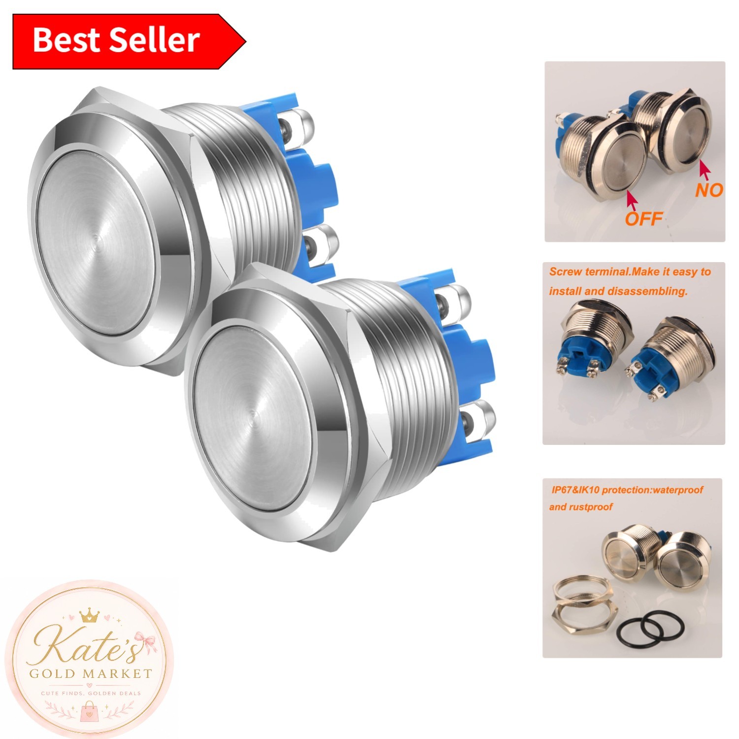 Stainless Steel 2pcs Latching Push Button Switch 5A Waterproof Metal