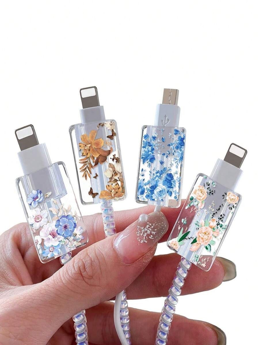 Floral Transparent Cable Protector Anti-Bending Charger Cord Saver Cover