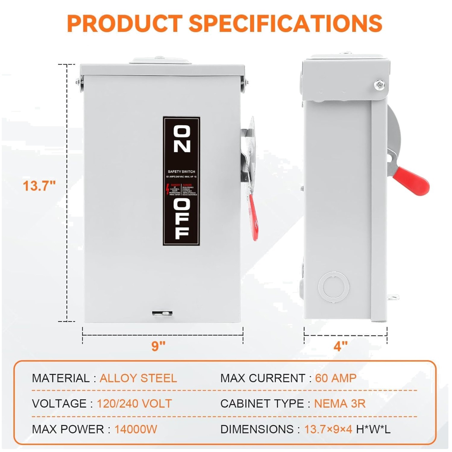 Galvanized Steel 60A Disconnect Switch, 2 Pole, Anti-Rust