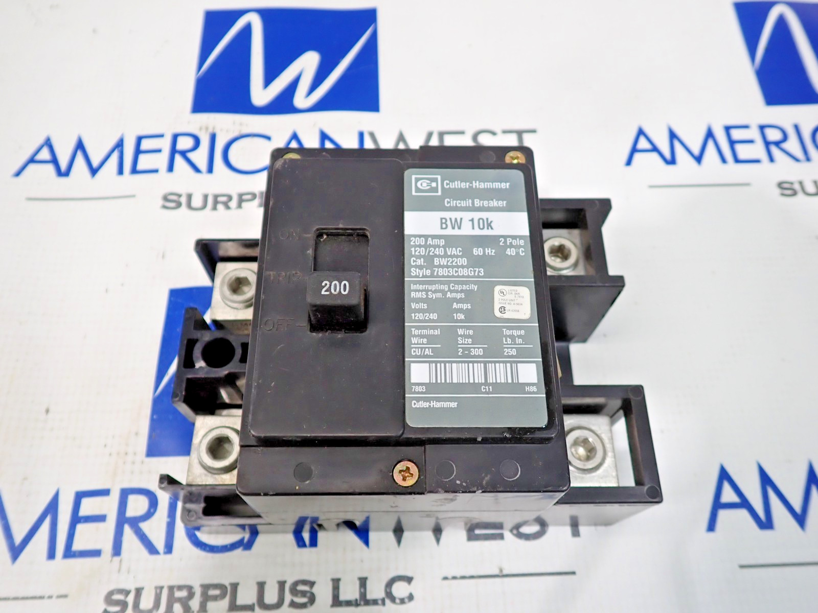 Cutler Hammer BW2200 200 Amp 2 Pole 120/240V Side LIne Load Lugs Circuit Breaker