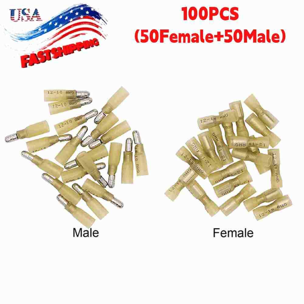 100x Yellow 12-10AWG Heat Shrink Connector Male Female Bullet Crimp Terminal