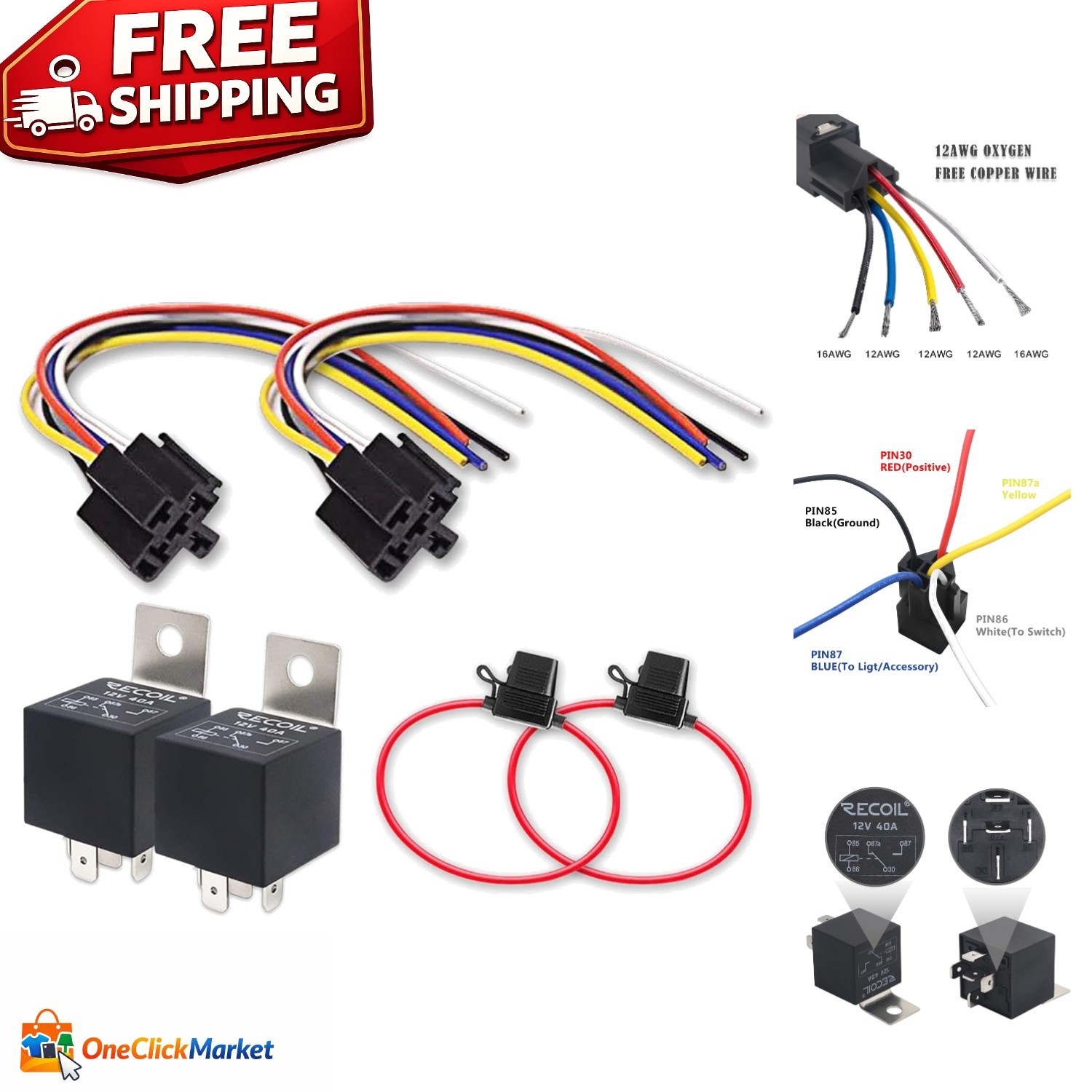 Reliable 12V 5-Pin SPDT Relay Set – 30/40A with Pre-Wired Sockets & Fuse Holders