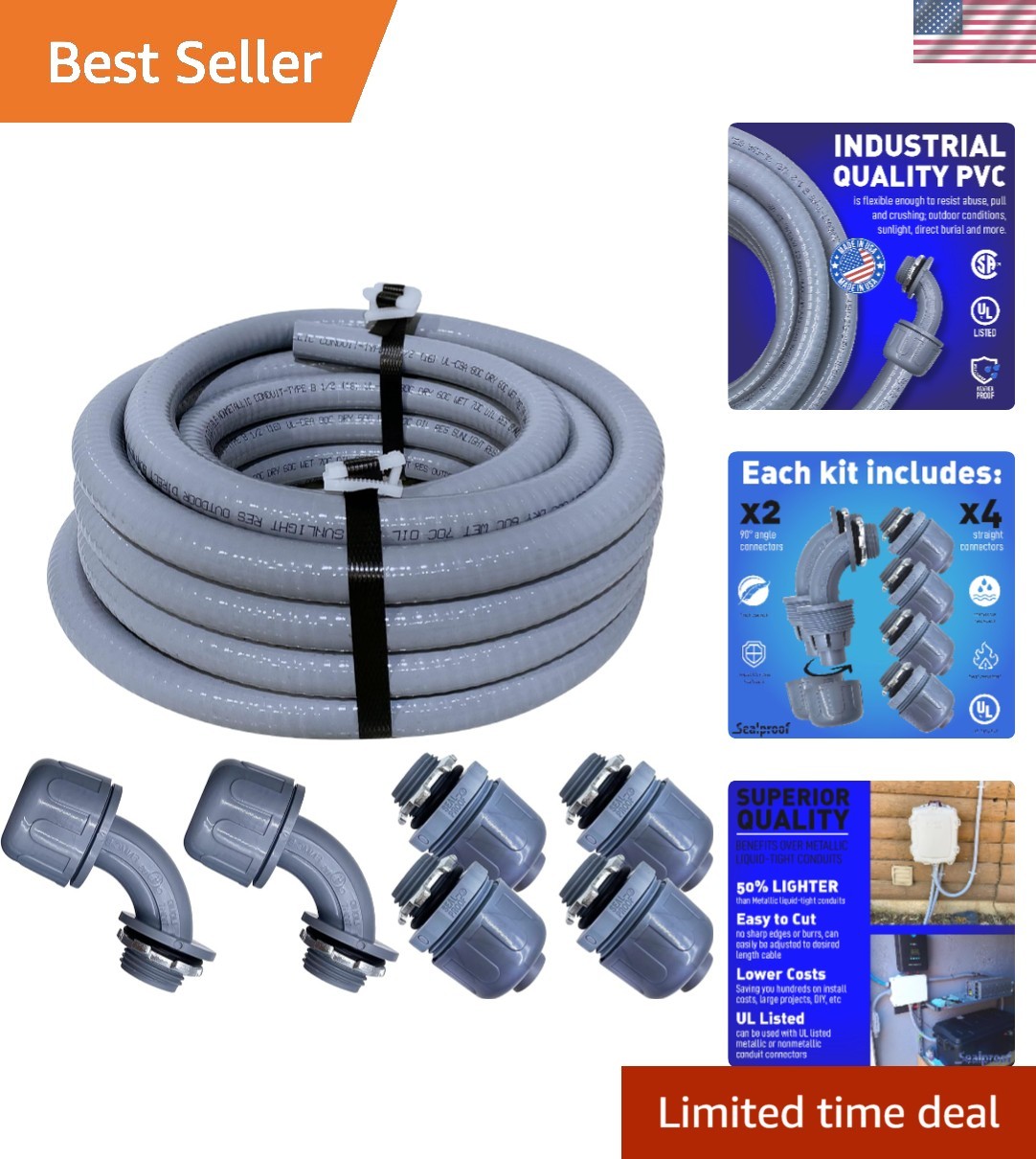 1-1/2 Inch Liquid-Tight Flexible PVC Conduit Kit – 25 ft, 6 Connectors Included