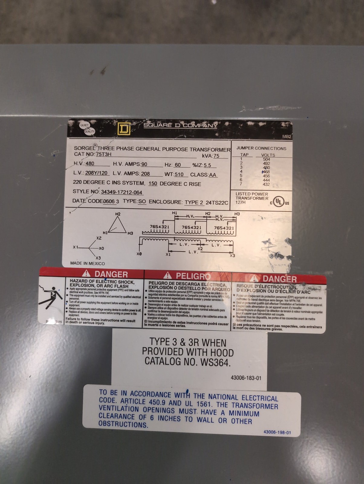 Square D 75T3H Dry Type Transformer 75kVA 480V-208Y/120V Indoor