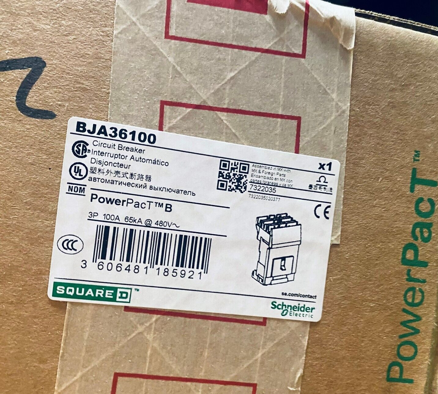 SQUARE D BJA36100 BREAKER 3POLE 100A 600/347V 65KA 480 NEW READY TO SHIP
