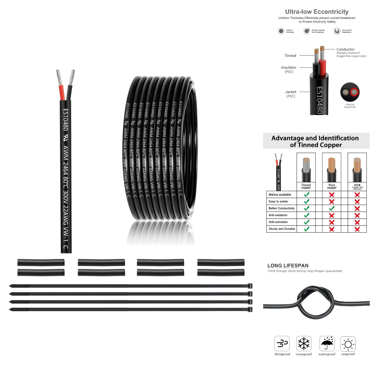 22 AWG 2 Conductor Electrical Wire 25FT 2464 Stranded Tinned Copper PVC Cable