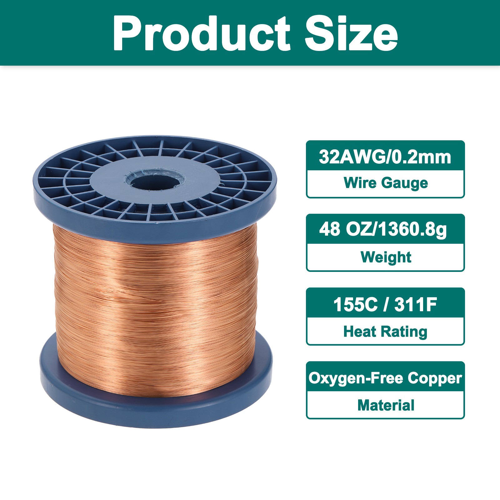32 AWG Magnet Wire, 32 Gauge 48 oz Enameled Copper Wire, 155C(311F) Copper Color
