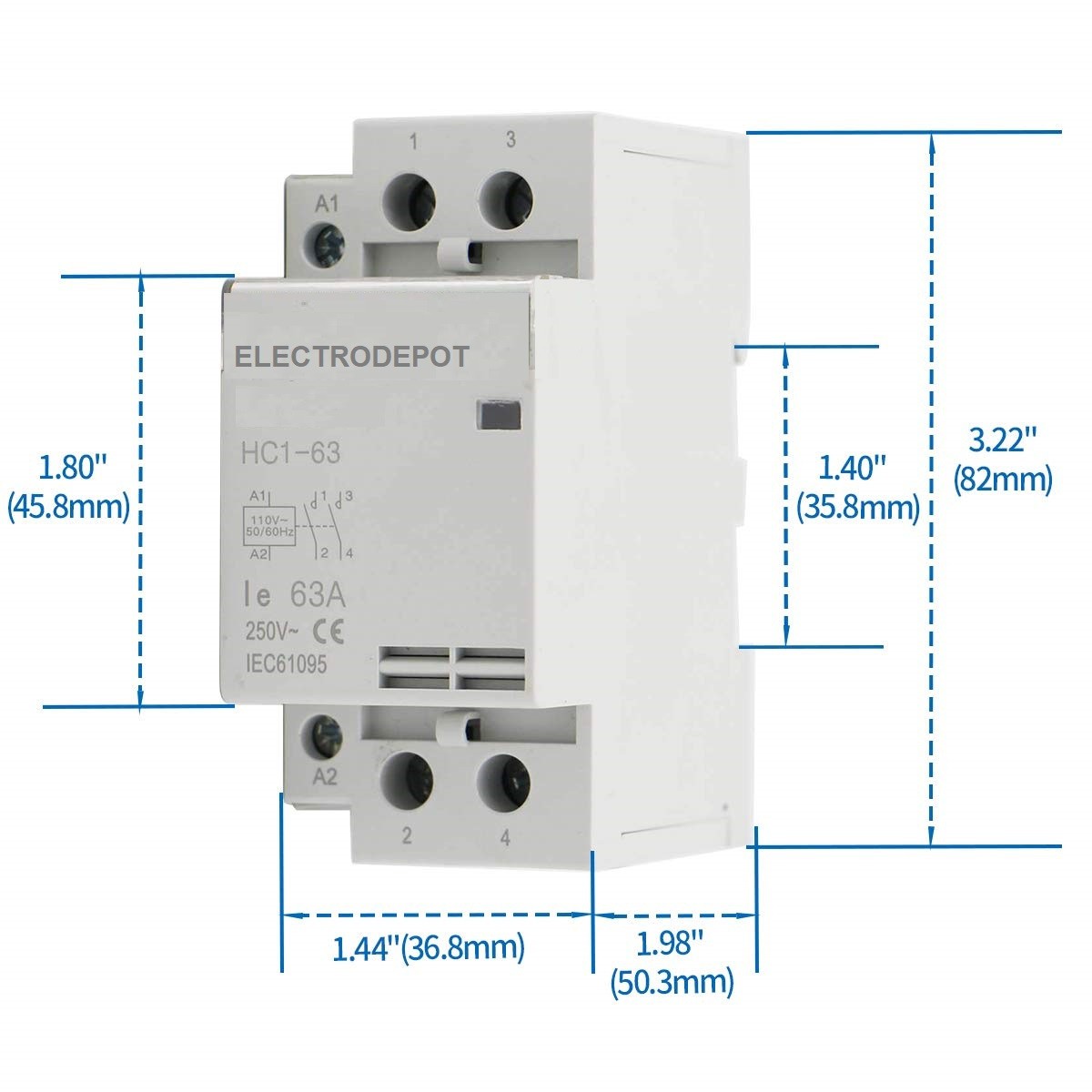 2 Pole Contactor 220V Coil, N/O 30A, 50A, 40A HVAC, Auxiliary Contact DIN Rail