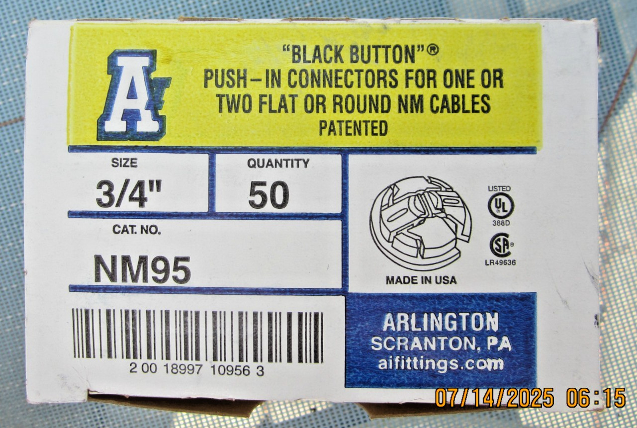 Arlington Industries NM95 3/4″ Black Button Non-Metallic Push-In Connector