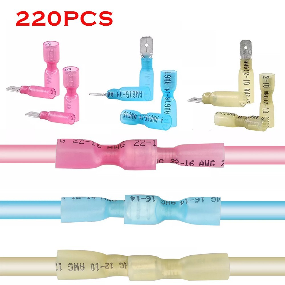 220x Waterproof Heat Shrink Spade Male & Female Wire Terminals Connectors Kit
