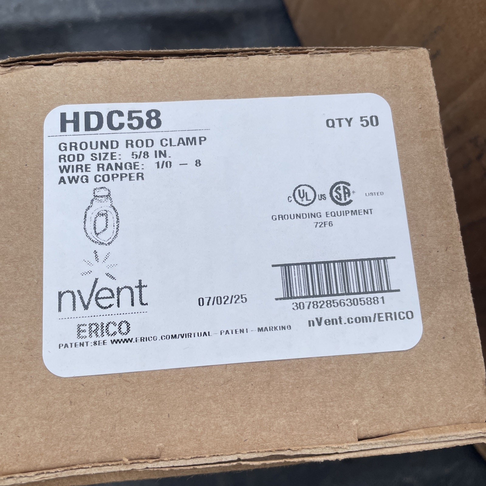 nVent Erico HDC58 Bronze Grounding Rod Clamp 5/8″ Wire Range 1/0 – 8 (Box Of 50)