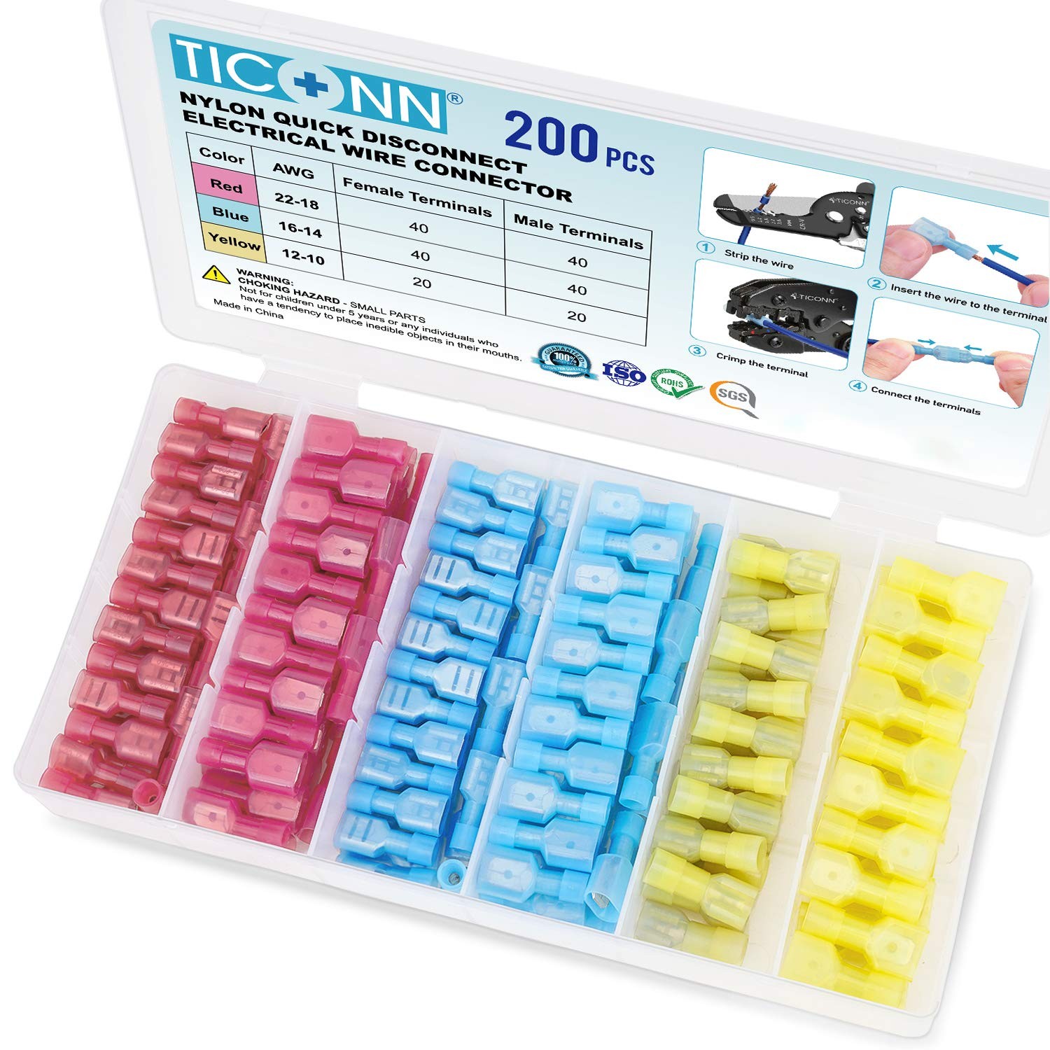 TICONN 200 Pcs Nylon Spade Quick Disconnect 200 Pcs, Red, Blue, Yellow