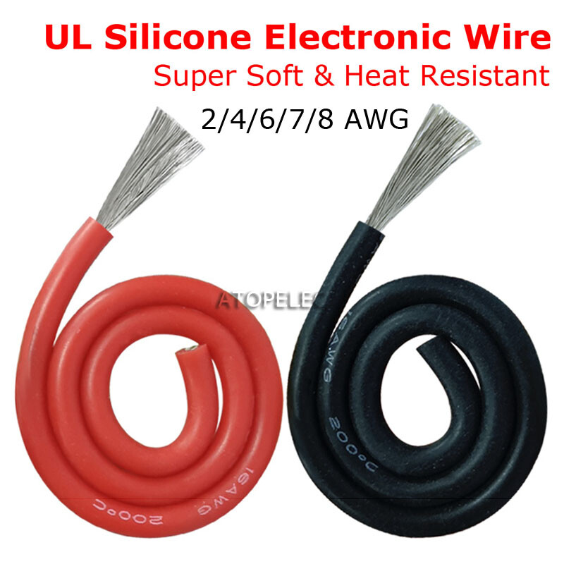 1M Heat Resistant 2-8AWG Flexible Silicone Wire Tinned Copper Soft RC Cable 200℃