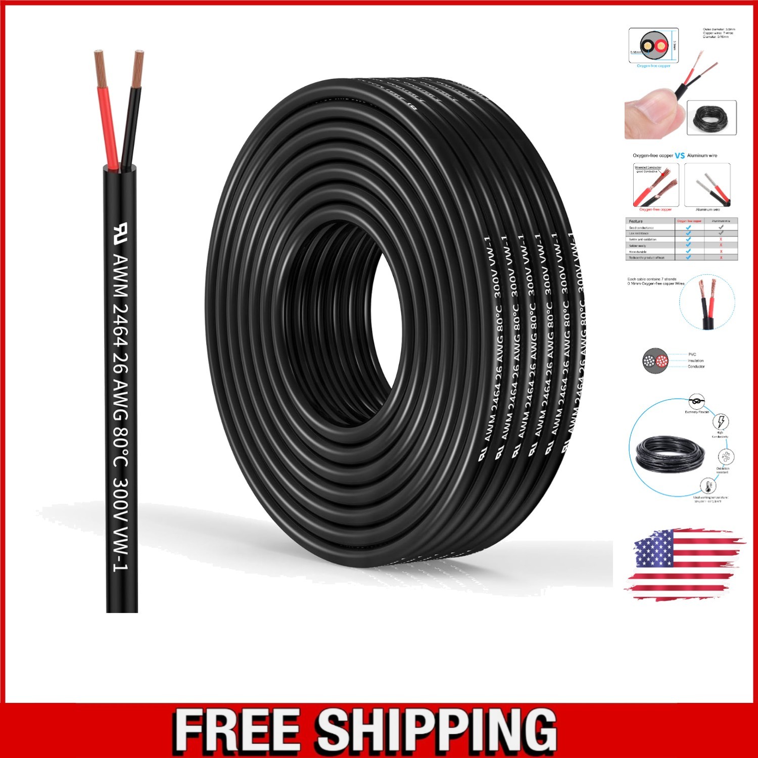 Oxygen-Free Copper Wire: 26 AWG 2C PVC Cord, 32.8FT for LED and Automotive