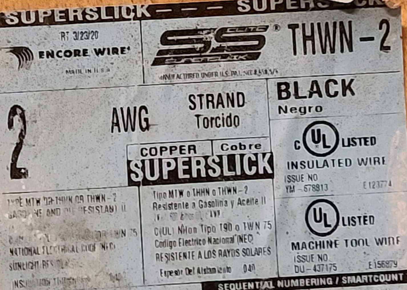 Encore #2awg Superslick Elite THHN/THWN-2/MTW Copper Building Wire Black /33ft