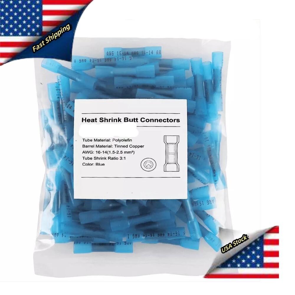 50-200x Blue Butt Splice Terminal Crimp 16-14AWG Wire Heat Shrink Butt Connector